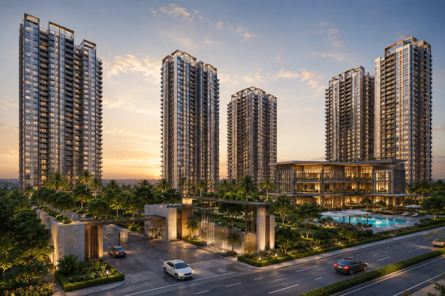 Prestige Sector 150 Noida — landscaped arrival and pool
