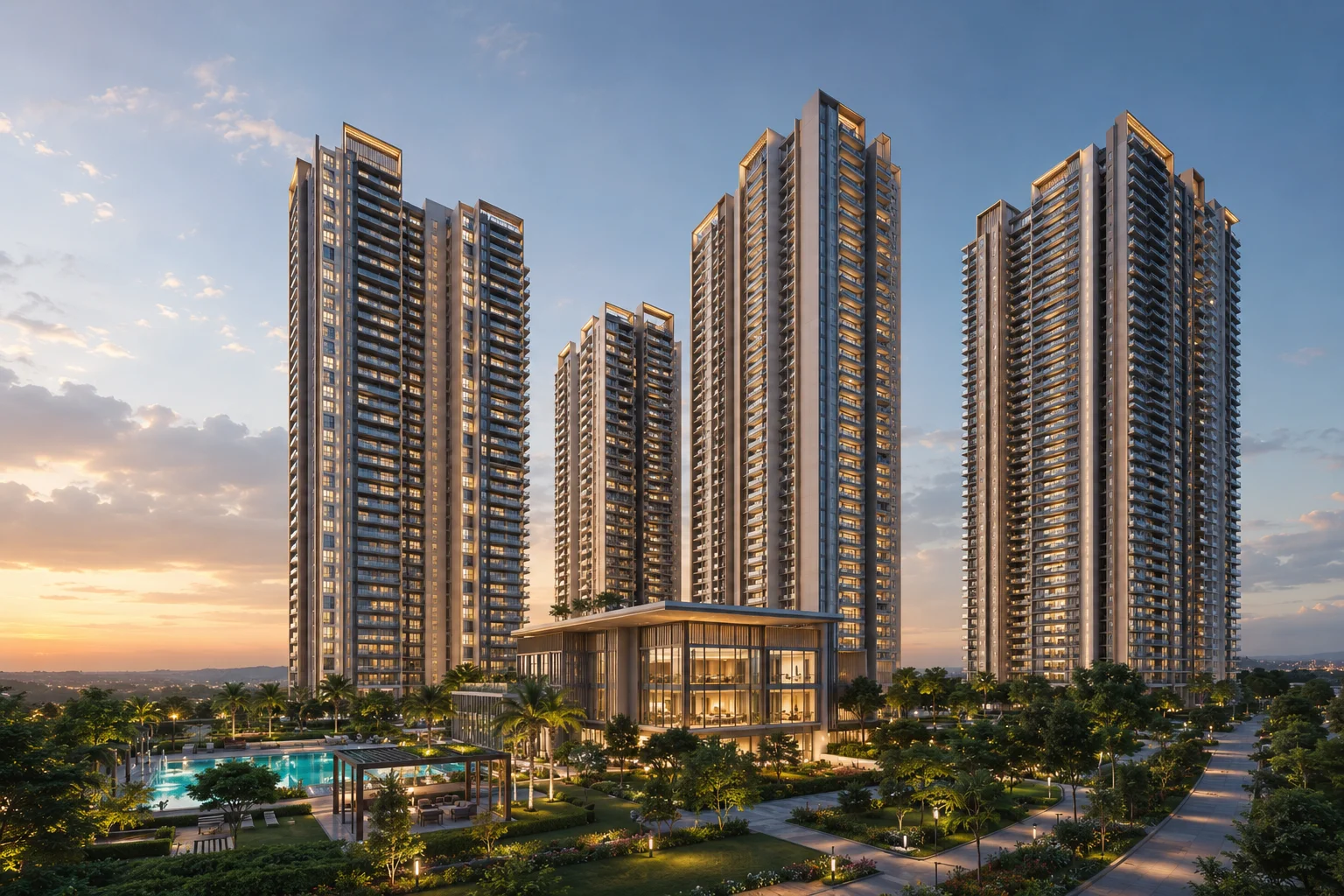 Prestige Sector 150 Noida — tower elevation at sunset